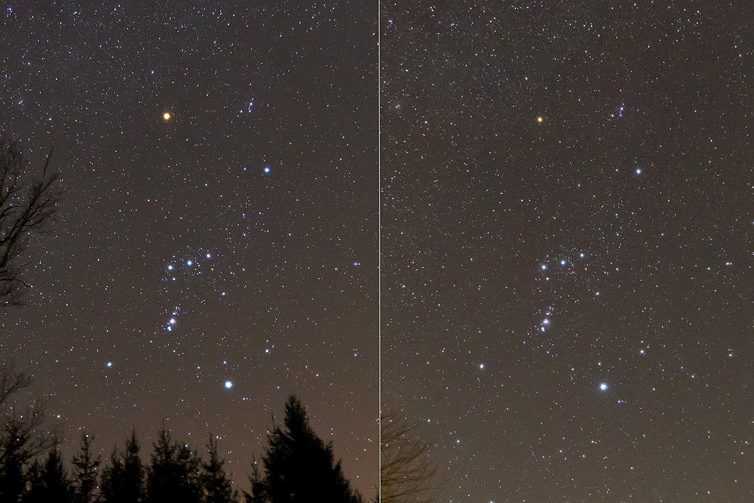 Созвездие Ориона со звездой Бетельгейзе в обычном состоянии (слева) и во время необычайно сильного падения видимой звёздной величины в начале 2020 года (справа). Фото © Wikipedia / H. Raab