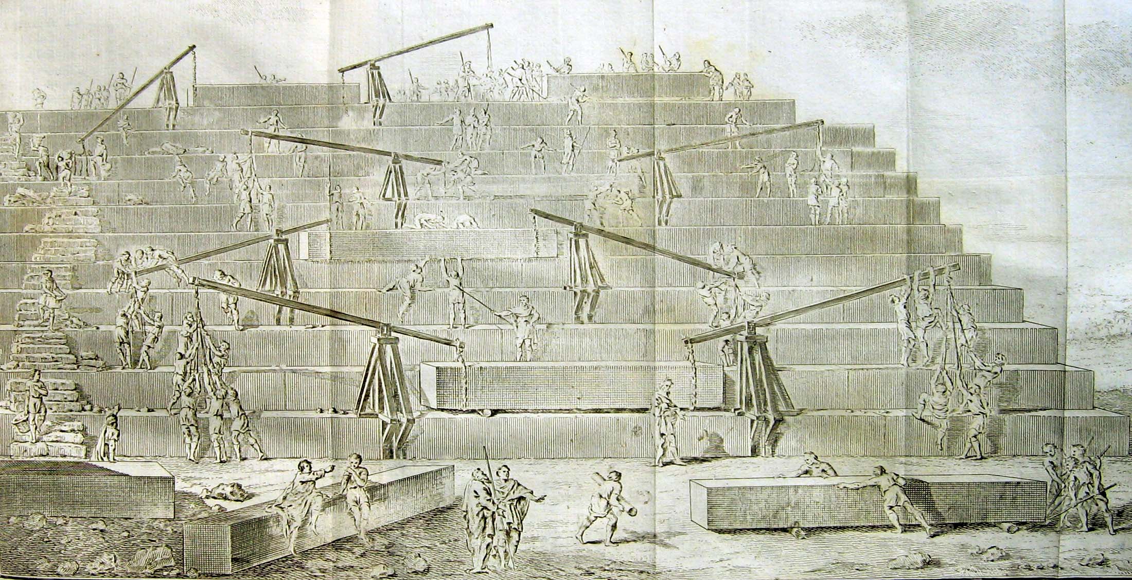 Реконструкция процесса строительства пирамид по Геродоту (гравюра XVIII века). Фото © Wikipedia