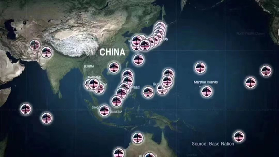 Карта многочисленных американских военных объектов в Азиатско-Тихоокеанском регионе. Обложка © Twitter / Lijian Zhao