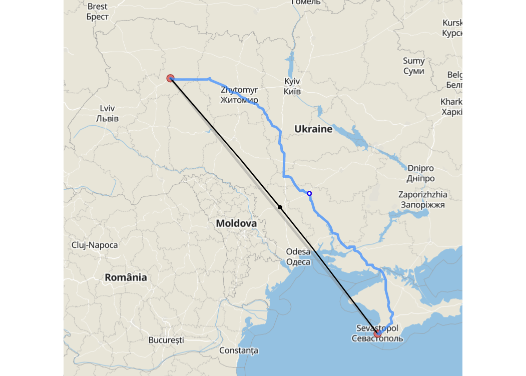 Траектория полёта крылатой ракеты "Калибр" до Ровно при запуске из Севастополя. Фото © distance.to