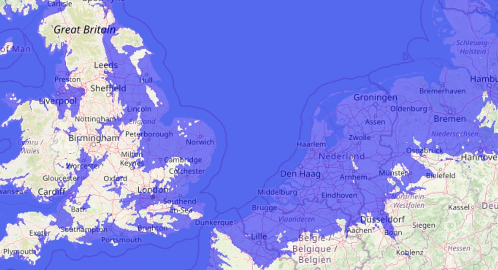 Нидерланды и Великобритания в случае повышения уровня Мирового океана на 70 метров. Скриншот Карта наводнений: Карта высот, Карта повышения уровня моря. Скриншот © floodmap.net