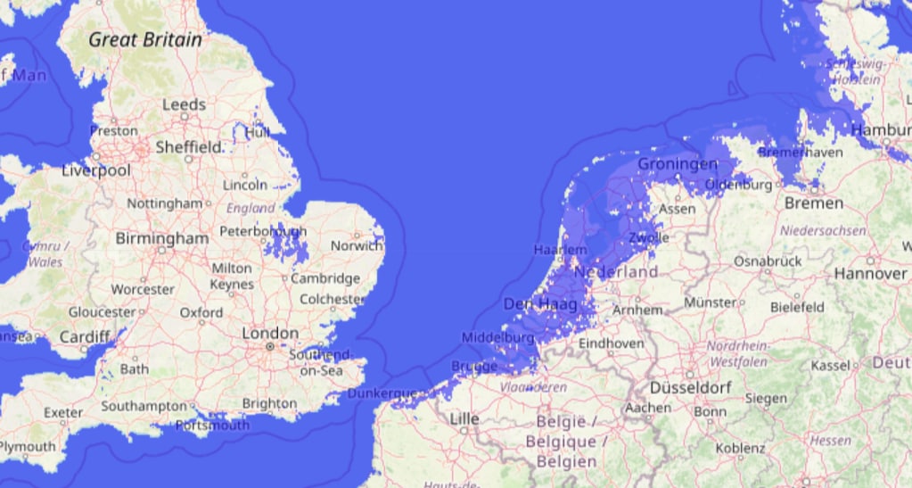 Нидерланды и Великобритания в случае повышения уровня Мирового океана на один метр. Скриншот Карта наводнений: Карта высот, Карта повышения уровня моря . Скриншот © floodmap.net