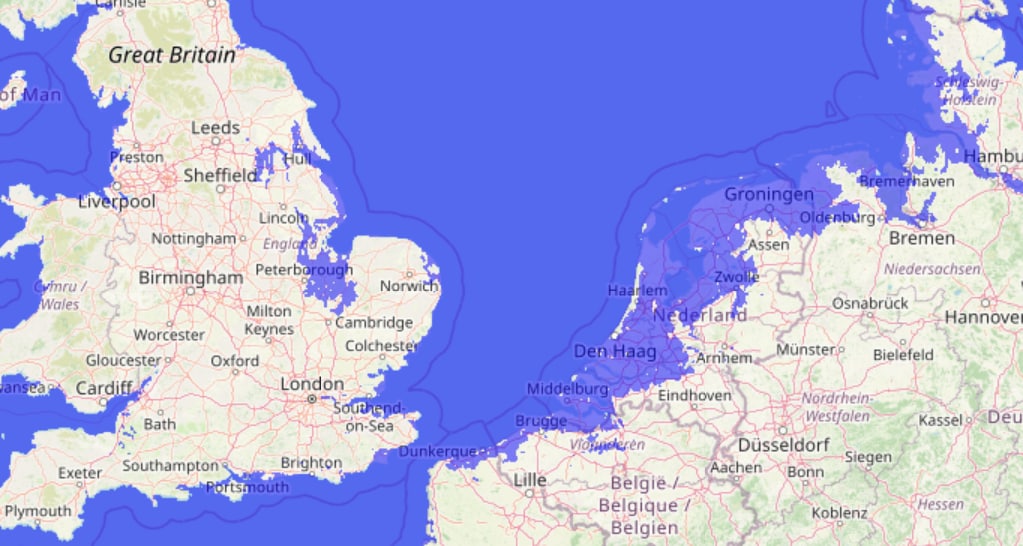 Нидерланды и Великобритания в случае повышения уровня Мирового океана на три метра. Скриншот Карта наводнений: Карта высот, Карта повышения уровня моря. Скриншот © floodmap.net
