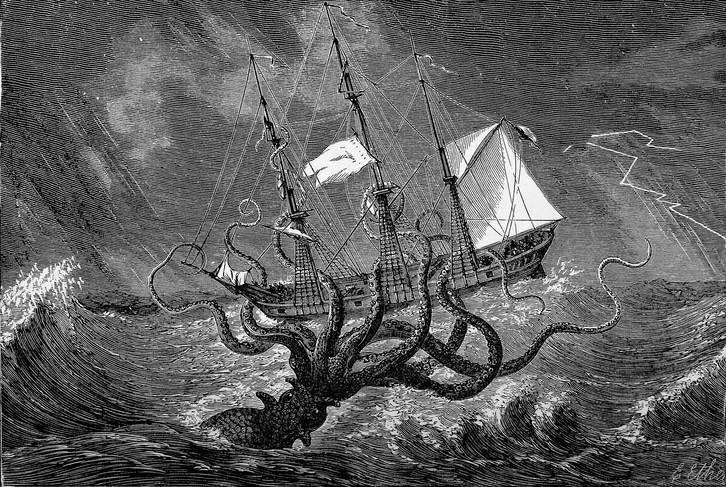 Гигантский кальмар атакует корабль. Гравюра из книги Эдгара Этерингтона "Морские чудовища: легенды и факты" (1887). Фото © Wikipedia