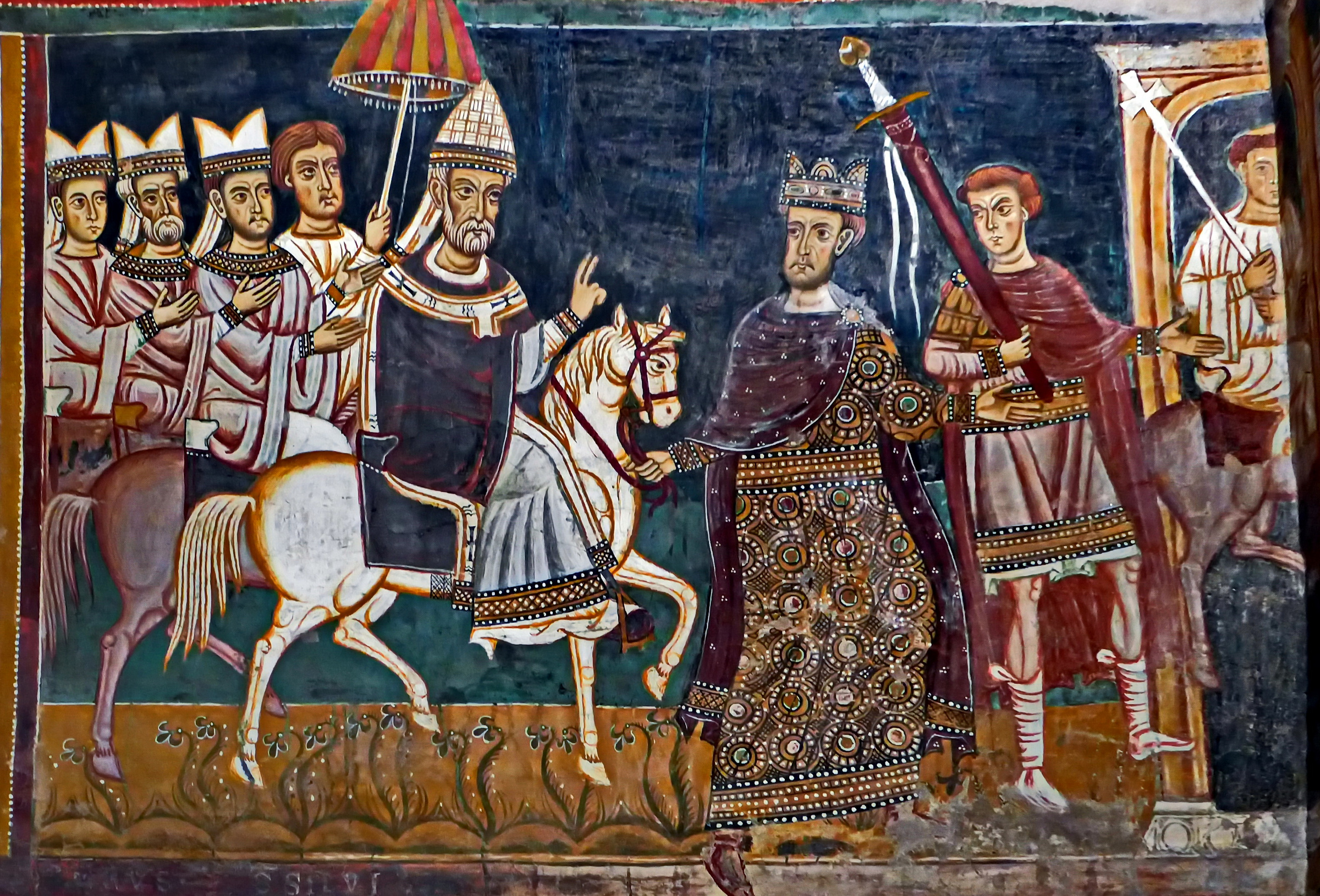 Константин ведёт под уздцы коня, на котором восседает папа Сильвестр. Фреска в капелле Сан-Сильвестро,  XIII век. Фото © Wikipedia