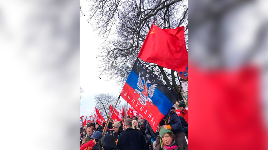 Жители Германии принесли флаг ДНР на митинг в Берлине против Запада. Обложка © Twitter / anonymous9775