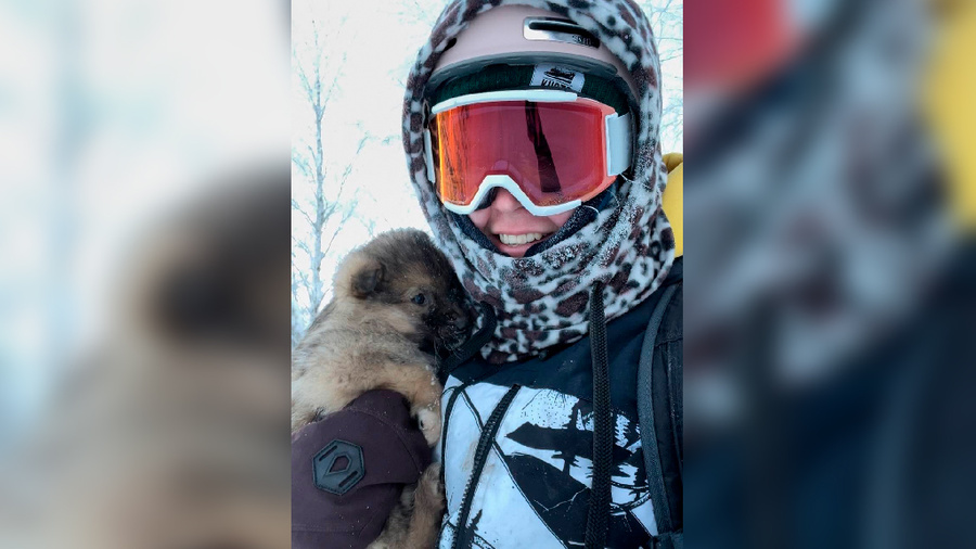 Лыжник и один из спасённых щенков. Обложка © Telegram / МОЙ ГОРОД — ПЕРМЬ!