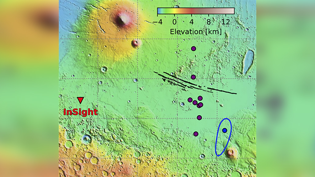 Предполагаемое место марсотрясения 4 мая 2022 года (обозначено синим эллипсом) и месторасположение зонда Mars InSight (обозначено красным треугольником). Фото © agupubs.onlinelibrary.wiley.com