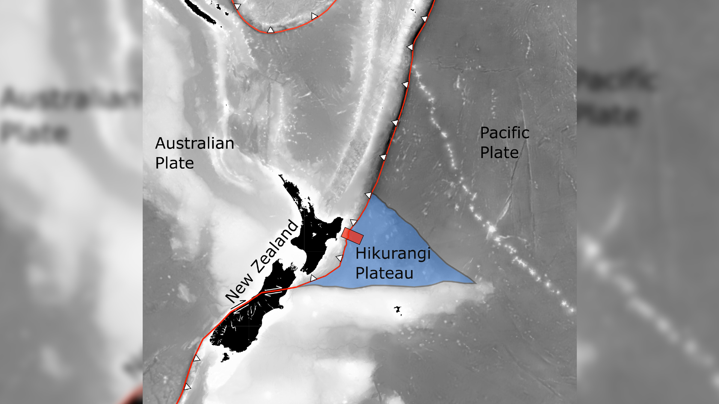 Граница двух литосферных плит у Новой Зеландии и расположенное на ней вулканическое плато Хикуранги. Фото © ig.utexas.edu