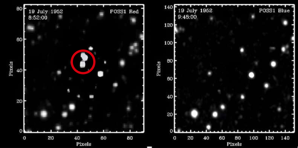 Появление и исчезновение трёх неизвестных объектов на снимках телескопа Паломарской обсерватории, сделанных с интервалом 56 минут. Яркий тройной транзиент, исчезнувший в течение 50 минут. Фото © arxiv.org