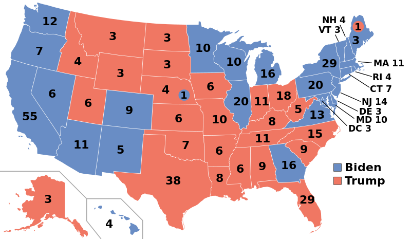 Карта коллегии выборщиков для президентских выборов в США 2024 года, основанная на переписи населения 2020 года. Цифрами обозначено количество выборщиков от каждого штата. Фото © Electoral College 2020 / Wikipedia 