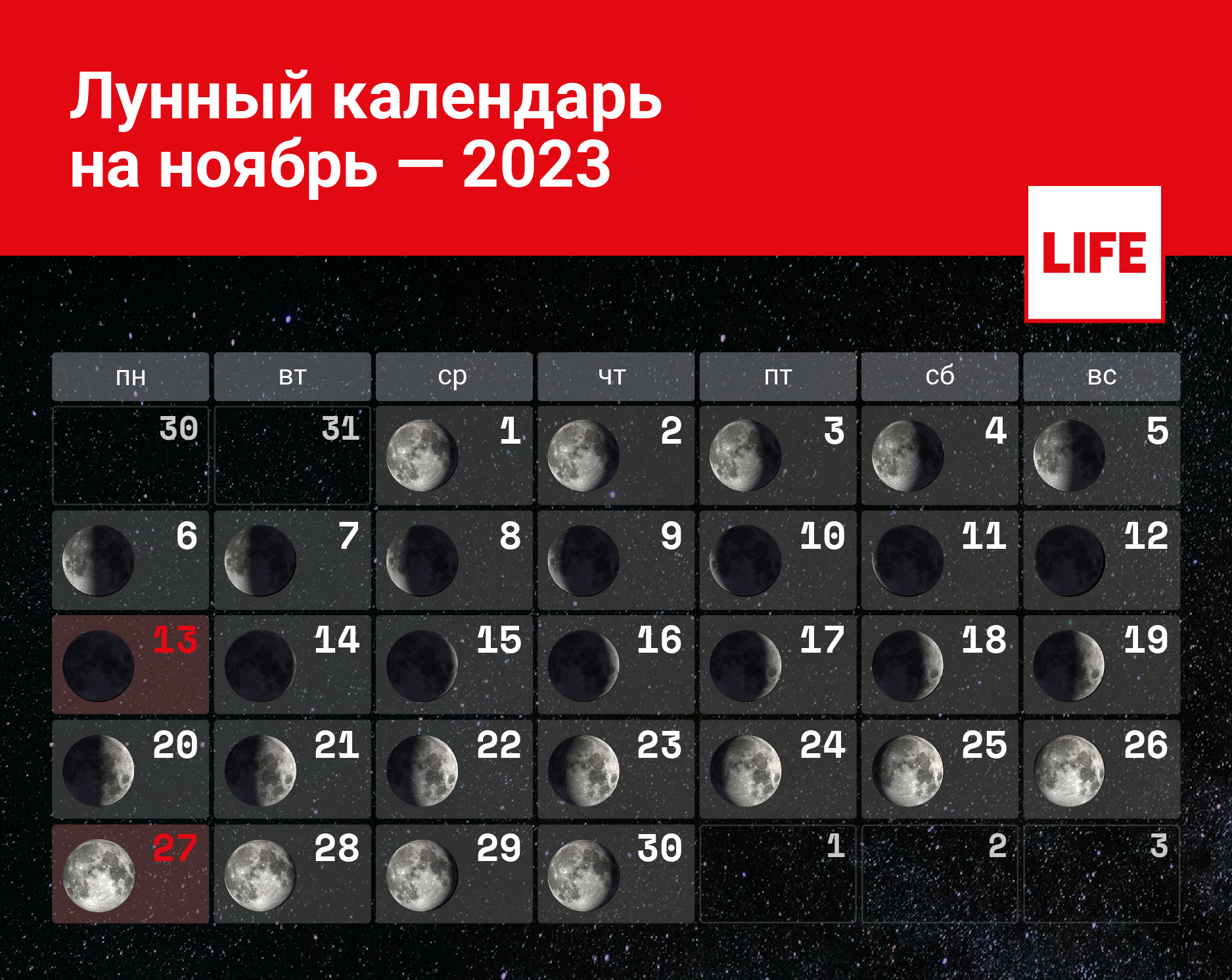 Календарь лунных фаз в ноябре 2023 года. Инфографика © LIFE 