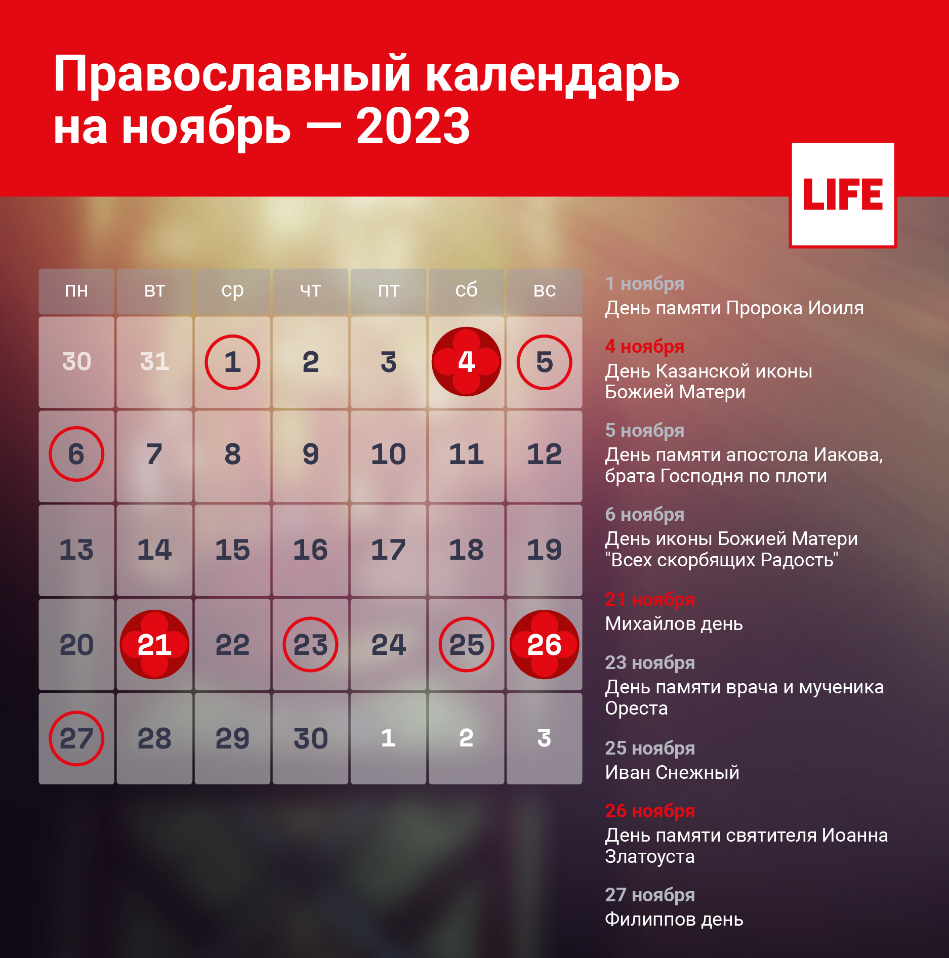 Календарь православных праздников на ноябрь 2023 года. Инфографика © LIFE