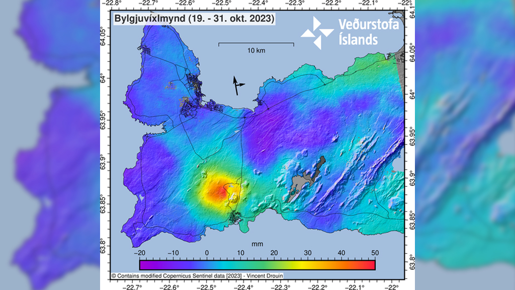 Вертикальные смещения земных недр на полуострове Рейкьянес с 19 по 31 октября 2023 года. Фото © En.vedur