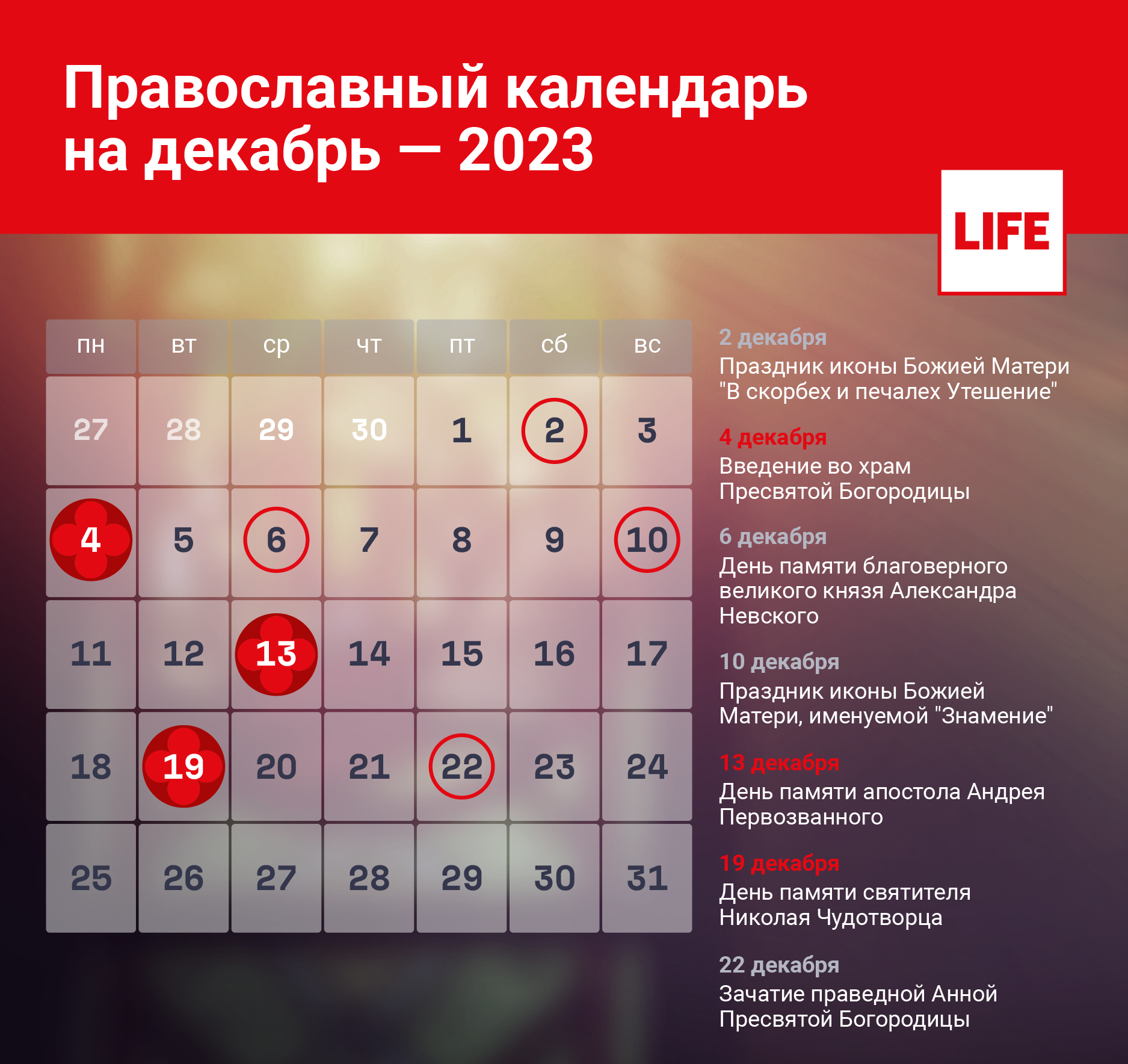 Календарь церковных праздников на декабрь 2023 года. Фото © LIFE