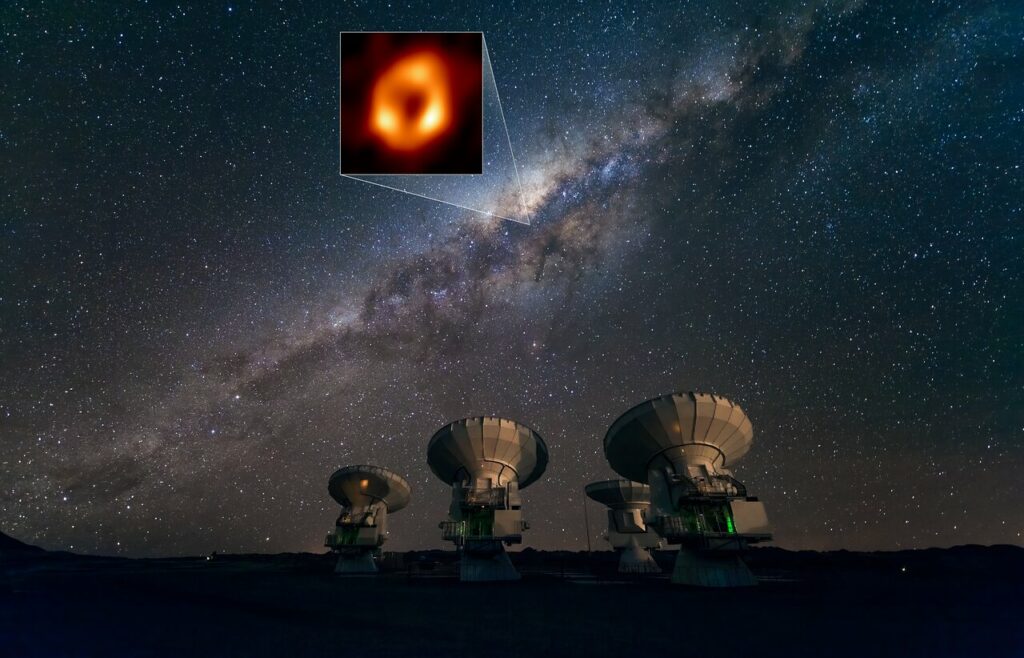 Млечный Путь в небе над пустыней Атакама с обозначенным местоположением галактического центра. Фото © ESO / José Francisco Salgado (josefrancisco.org), EHT Collaboration 