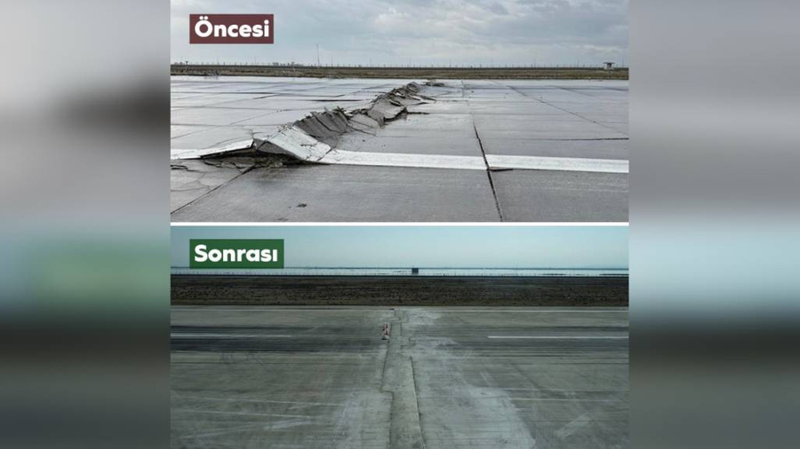Состояние взлётно-посадочной полосы в аэропорту Хатай в Турции до и после ремонта. Фото © Twitter / Adil Karaismailoğlu