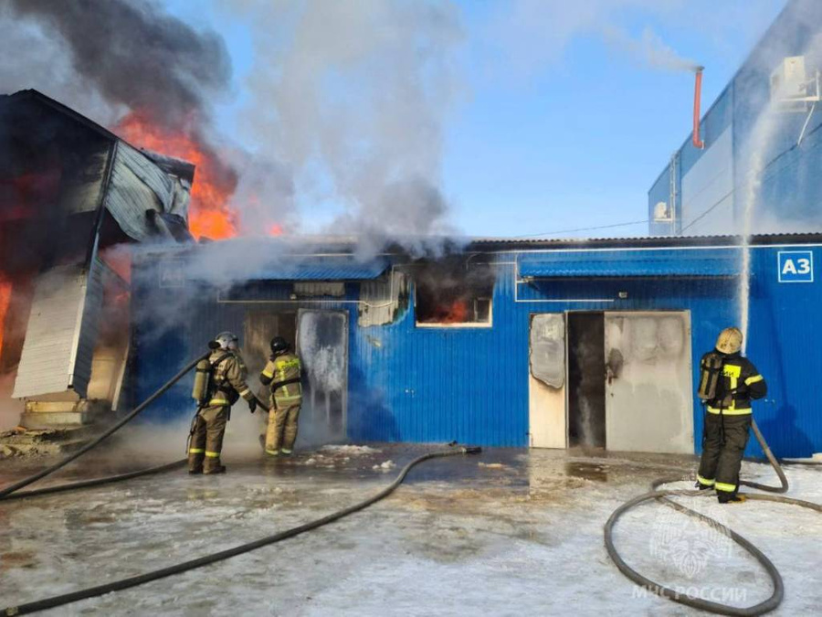 Пожарные тушат возгорание в производственном цехе мебельной фабрики в Пензенской области. Фото © Telegram / МЧС России