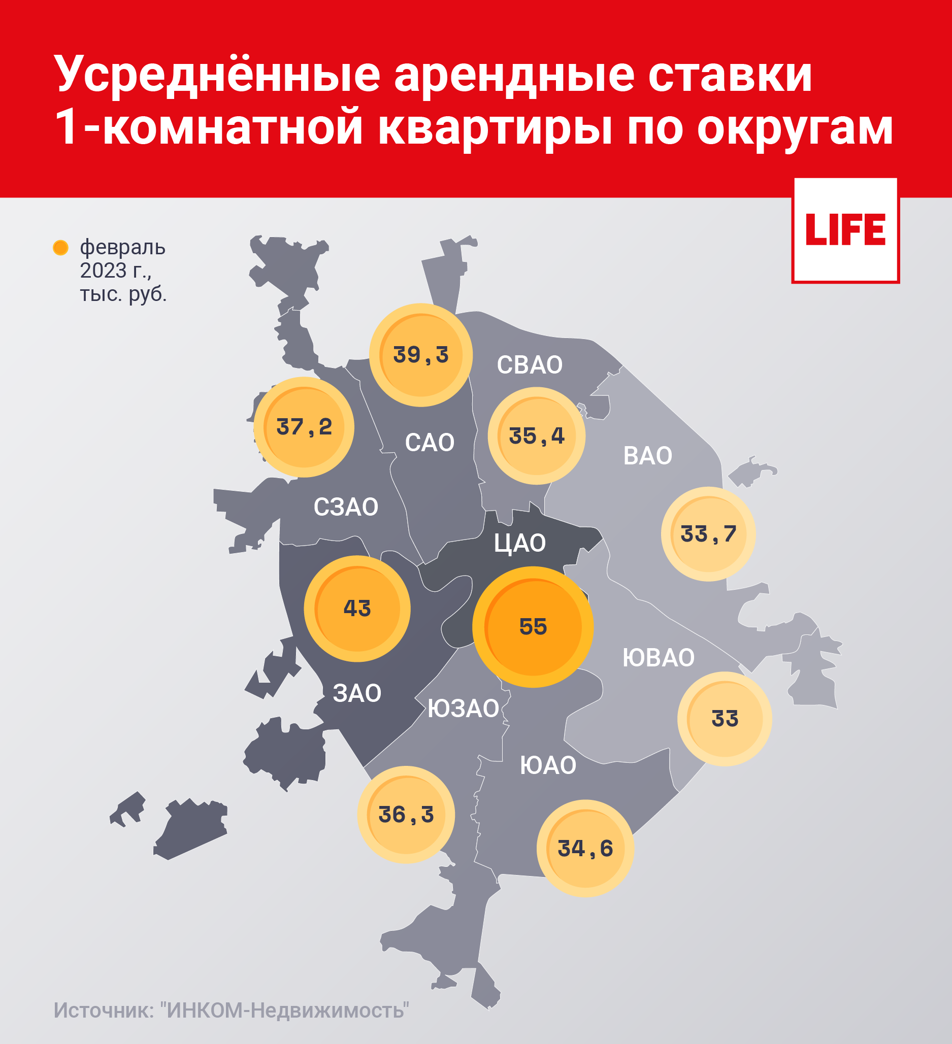 Усреднённые арендные ставки однокомнатной квартиры по округам. Инфографика © LIFE