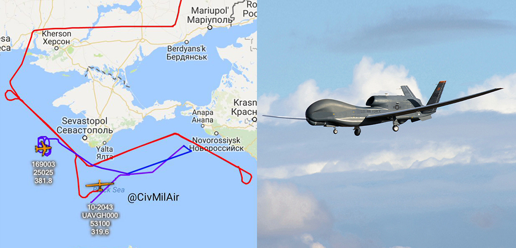 Карта полётов RQ-4 до начала спецоперации на Украине. Фото © Twitter.com / CivMilAir, © Wikipedia / United States Air Force