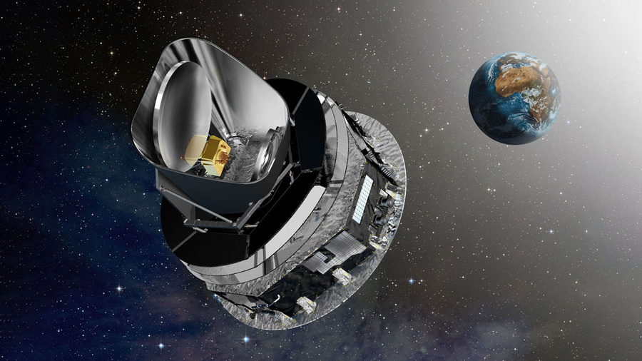 Концепт художника показывает путь "Планка" к его рабочей орбите вокруг второй точки Лагранжа в пространстве (L2), удалённой от Земли на 1,5 млн км. Обложка © ESA / C. Carreau