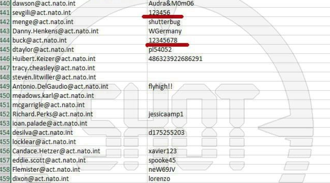 Некоторые пароли от корпоративной почты НАТО, которые оказались в распоряжении хакеров. Скриншот © SHOT 