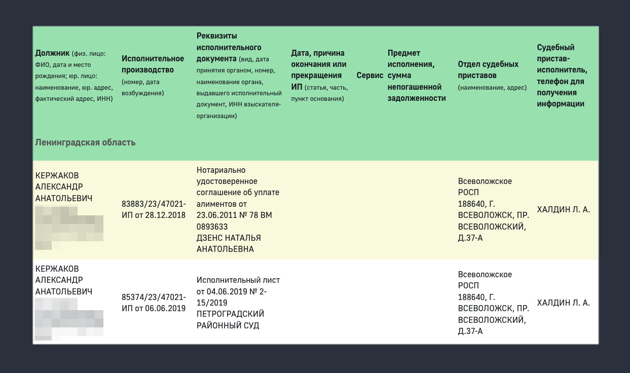 Карточка долгов Кержакова. Фото © ФССП