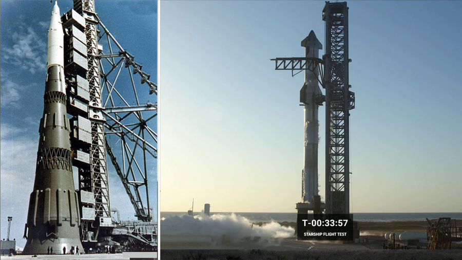 <p>Построенная в СССР ракета для межпланетных миссий Н-1 и космический корабль Starship, установленный на ракете Super Heavy. Обложка © <a href="https://en.wikipedia.org/wiki/N1_(rocket)" target="_blank" rel="noopener noreferrer">Wikipedia</a>, © Getty Images / SpaceX / Handout / Anadolu Agency </p>