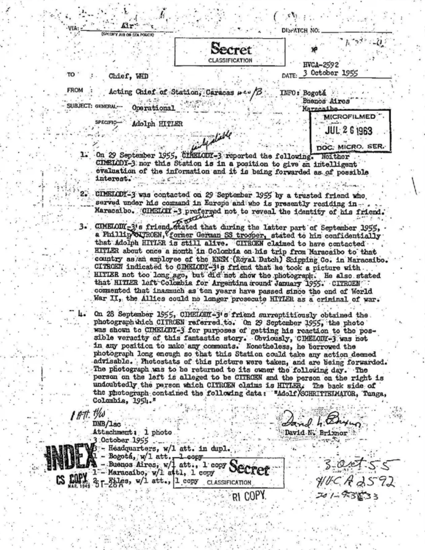 Страница рассекреченного доклада ЦРУ, посвящённого бегству Гитлера в Колумбию. Фото © Public Domain