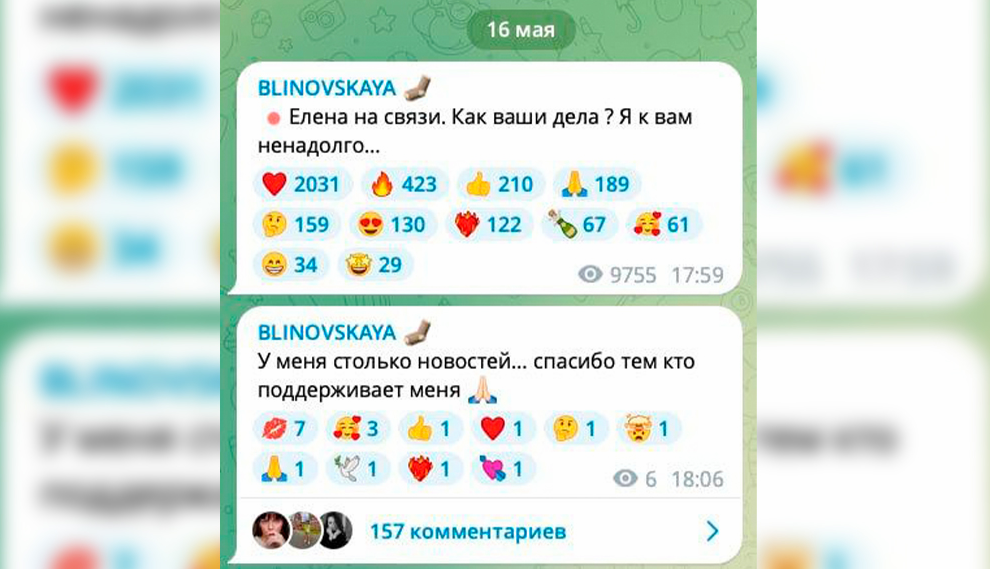 В канале Елены Блиновской появились сообщения. Скриншот © t.me / Blinovskaya