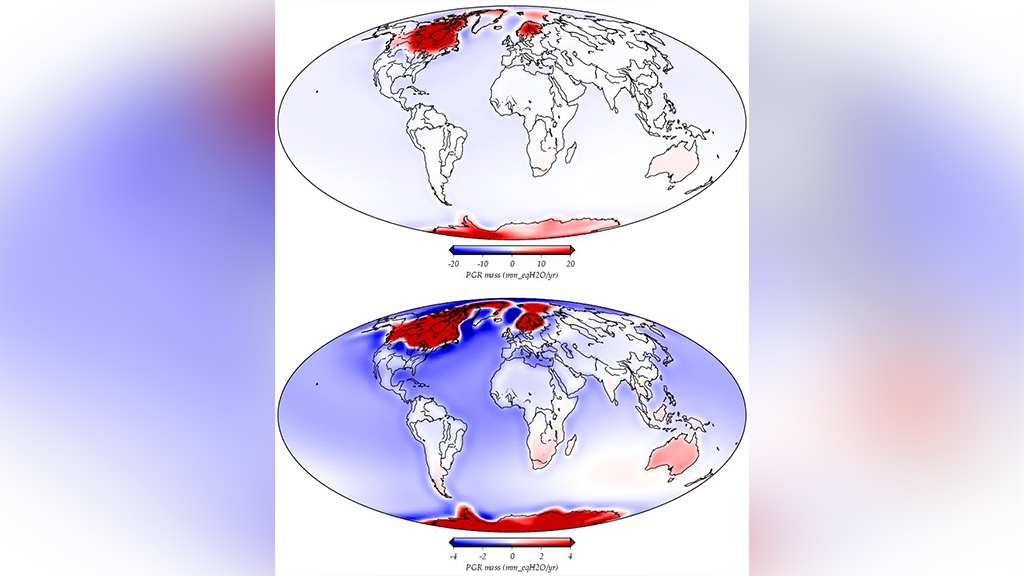 Динамика рельефа поверхности Земли из-за таяния ледников. Красным цветом обозначено поднятие. Фото © NASA