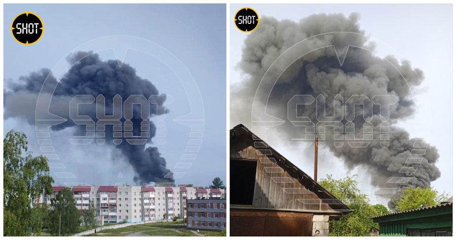 Чёрные клубы дыма от пожара на территории завода в Брянской области. Обложка © Telegram / SHOT
