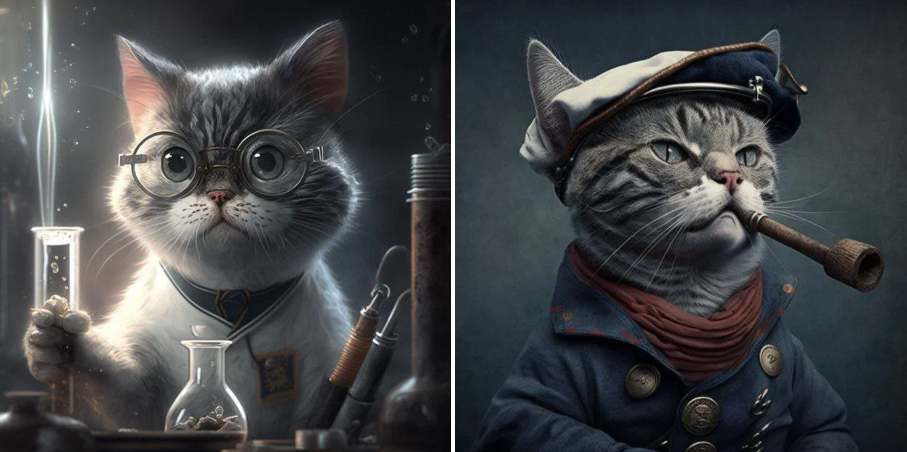 Нейросеть Midjourney нарисовала кота-учёного и кота-капитана. Фото © T.me / Нейросеть видит