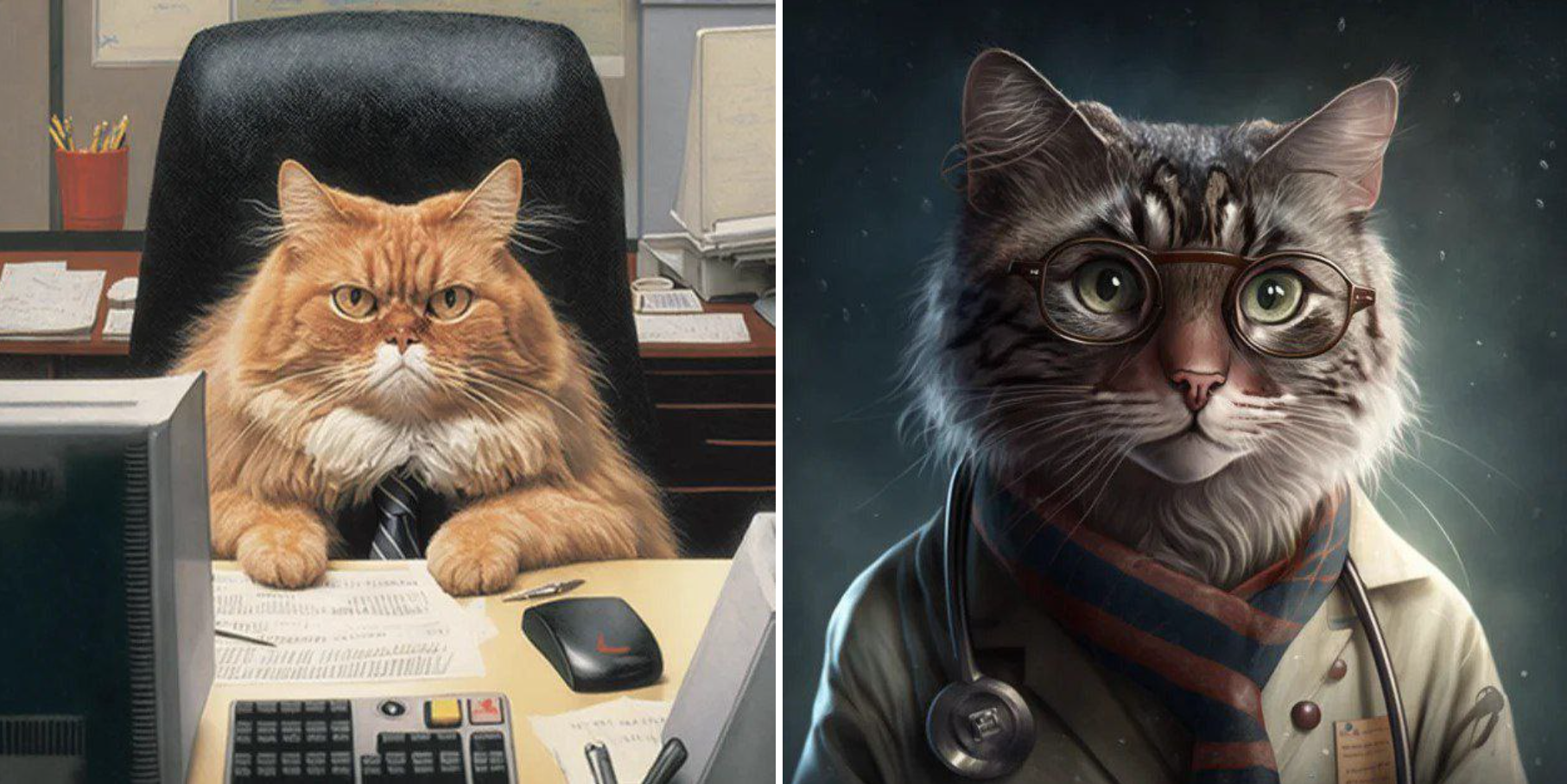 Вот так нейросеть видит кота – банковского сотрудника и кота-врача. Фото © T.me / Нейросеть видит