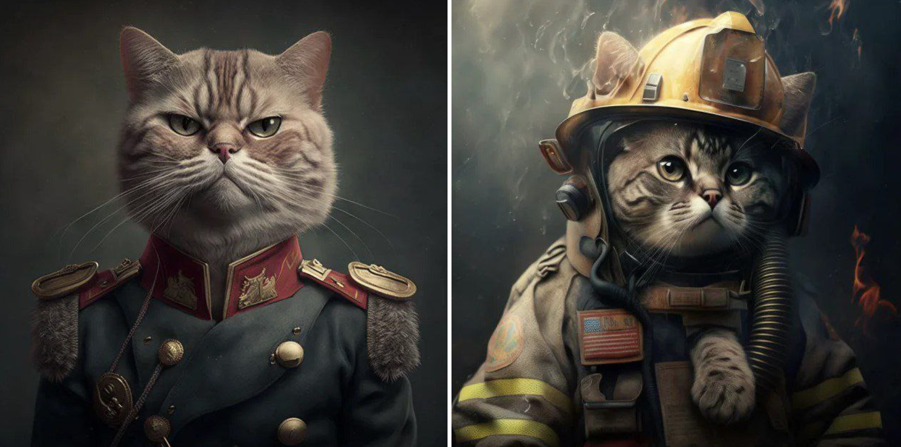 Кот-военный и кот-пожарный по версии нейросети. Фото © T.me / Нейросеть видит