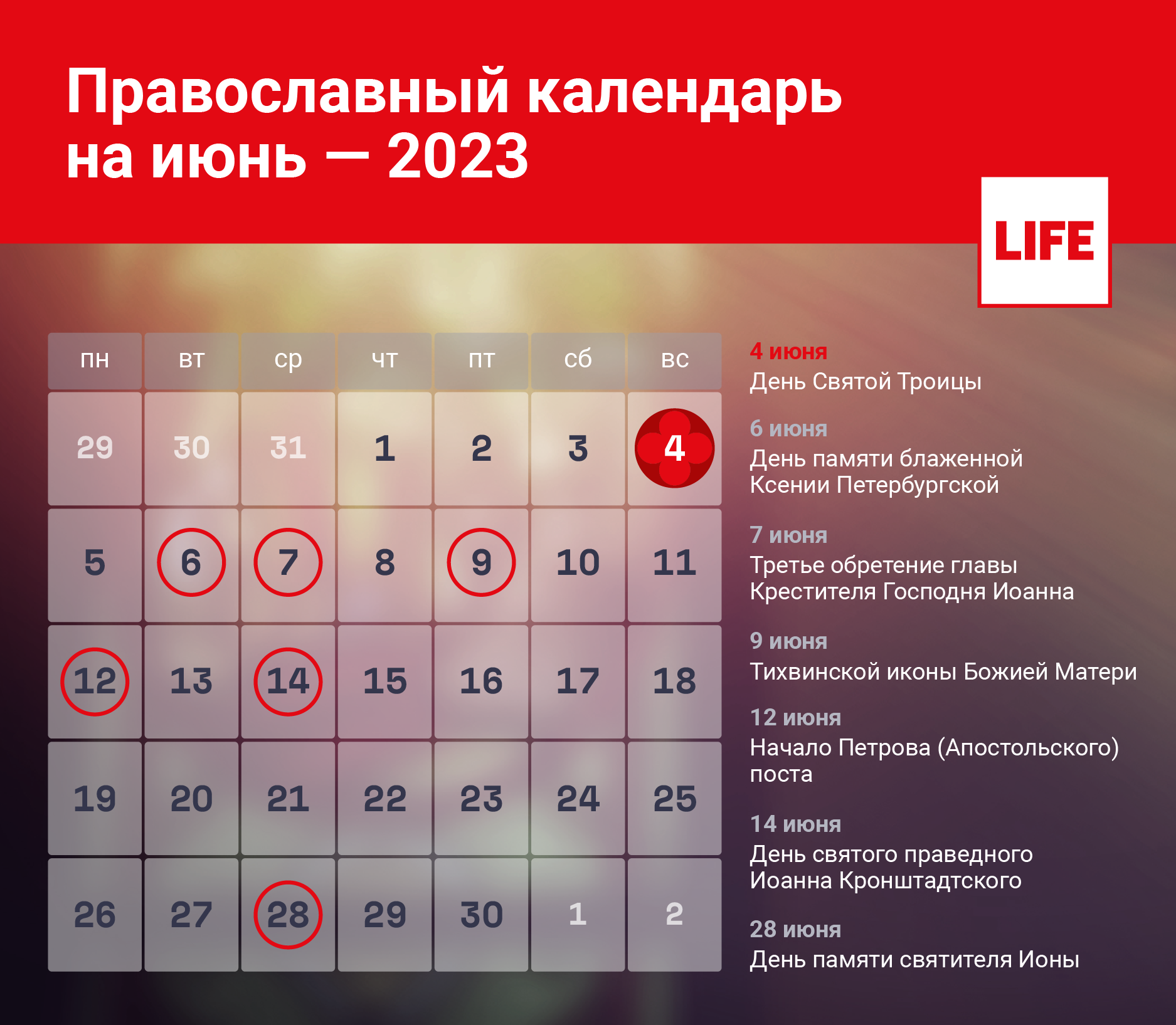 Календарь церковных праздников на июнь 2023 года. Инфографика © LIFE