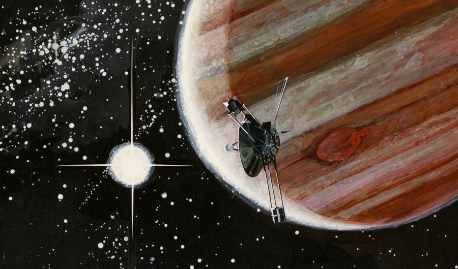 Пролёт "Пионера-10" вблизи Юпитера в представлении художника. Обложка © Wikipedia