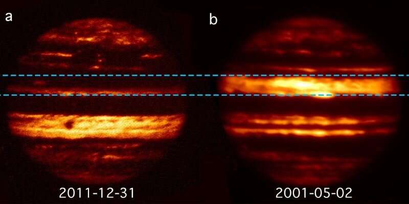 Инфракрасные снимки Юпитера в 2001 (справа) и 2011 (слева) году. Фото © phys.org