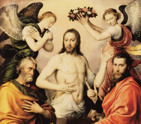 Иисус Христос воскресает в окружении святого Пьера, святого Павла и двух ангелов © Антонис Мор / Музей Конде