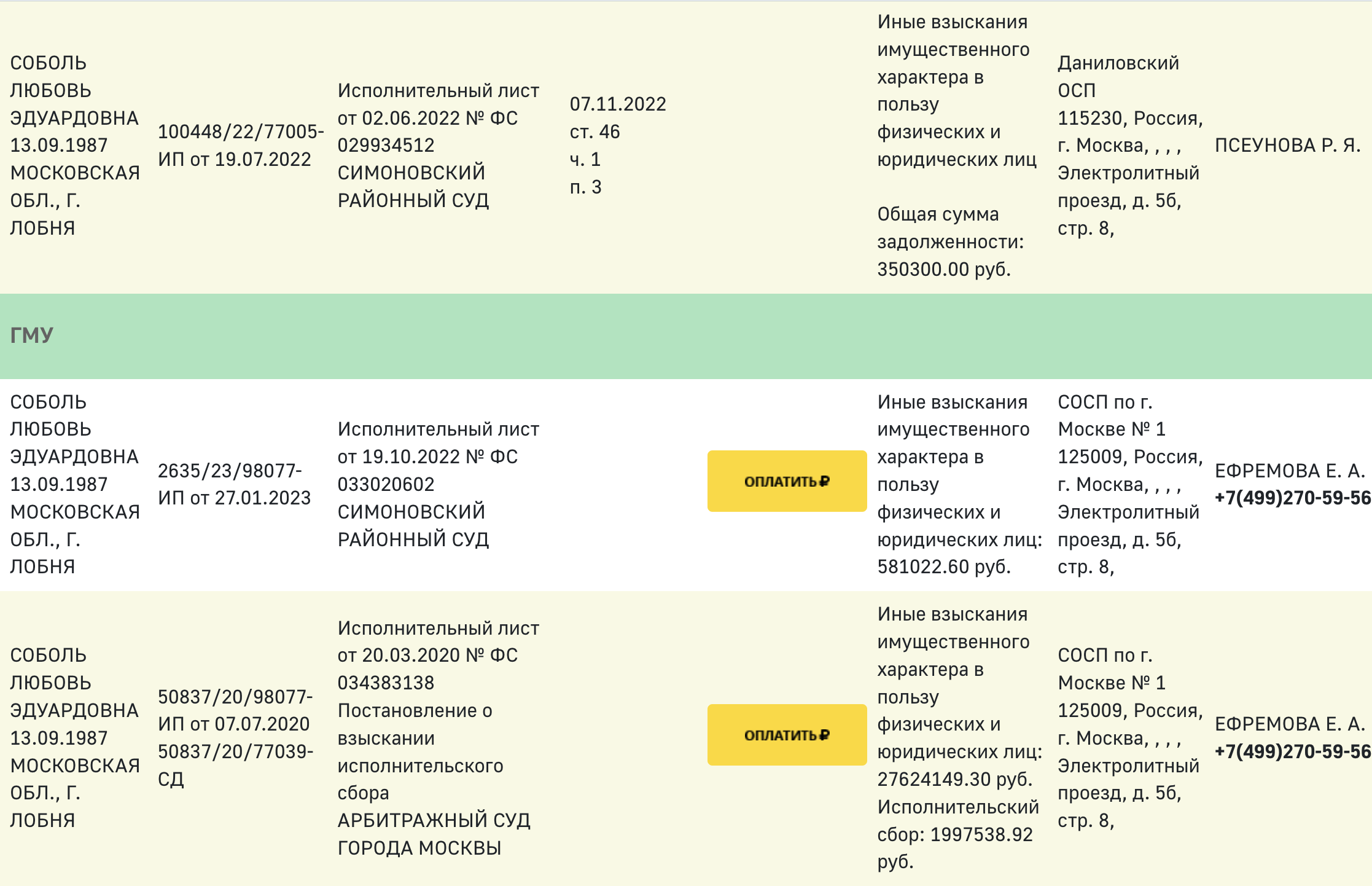 Судебные приставы открыли в отношении Соболь 15 исполнительных производств на сумму около 10 млн рублей. Скриншот © old.fssp.gov.ru