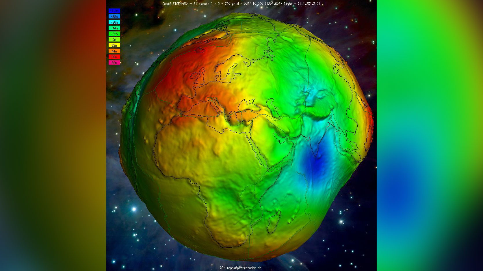 Модель земного шара (геоид), иллюстрирующая разницу уровней гравитации в разных частях планеты. Фото © Международный центр глобальных моделей Земли (ICGEM)