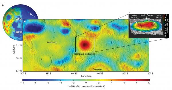 Сильное микроволновое излучение в районе между кратерами Комптон и Белькович на обратной стороне Луны. https://psi.edu/news/lunarvolcanoessiegler