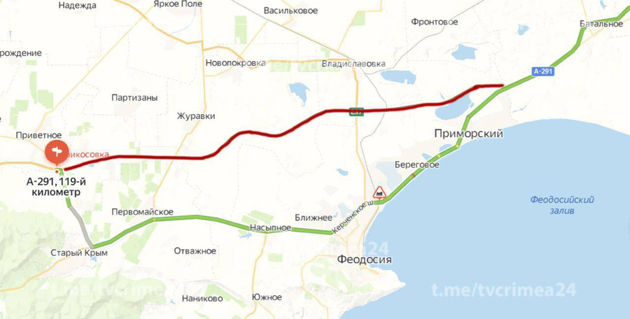 Схема движения по трассе "Таврида" из-за перекрытия на участке со 118-го по 130-й километр. Обложка © t.me / Оперштаб Республика Крым