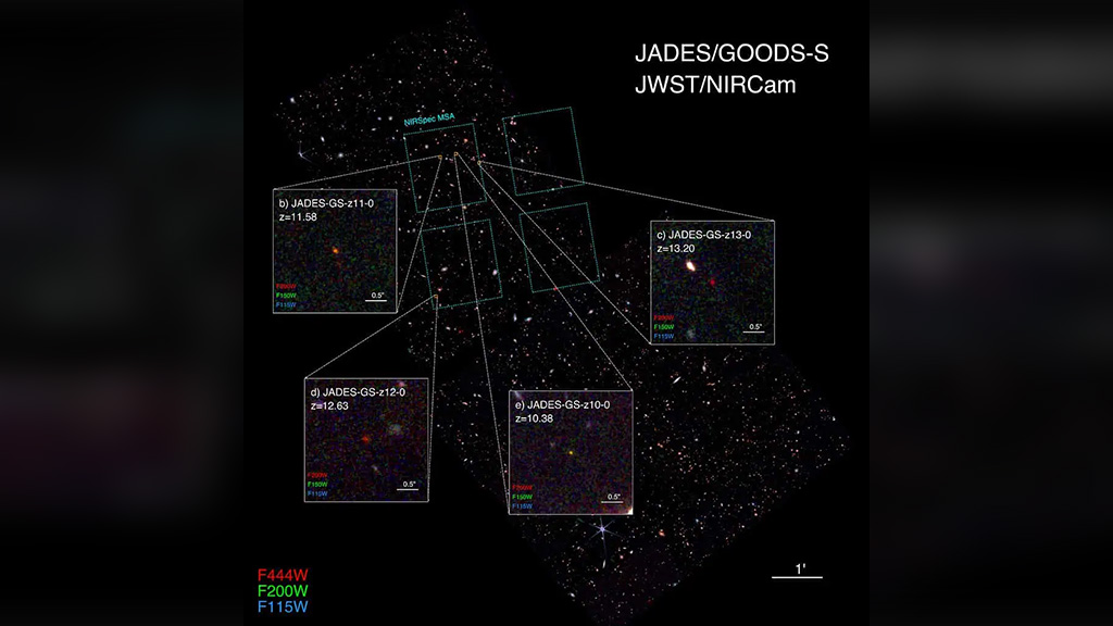 Объекты JADES-GS-z11-0 (в верхнем выделенном квадрате слева), JADES-GS-z12-0 (нижний квадрат слева) и JADES-GS-z13-0 (вверху справа), которые могут оказаться сверхмассивными "тёмными звёздами". Фото © NASA / webbtelescope.org