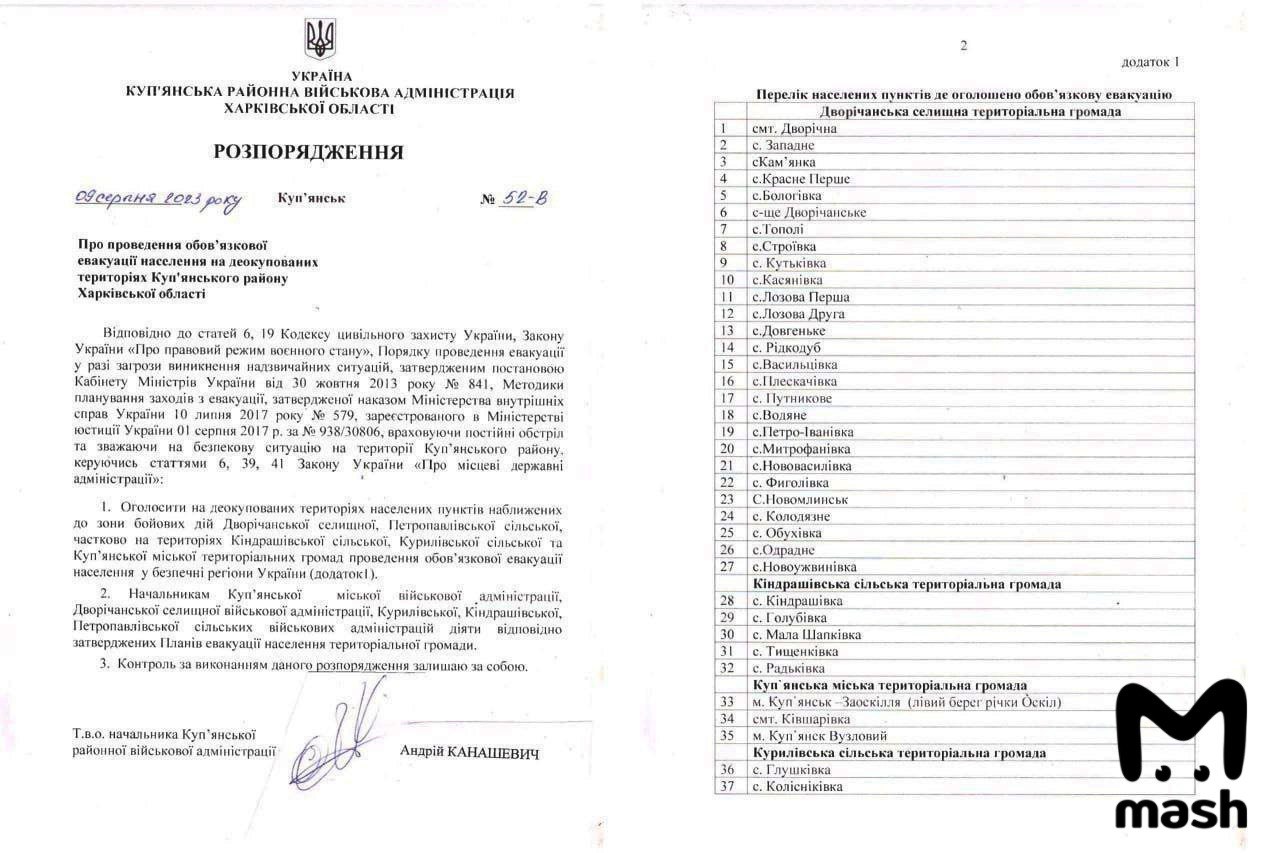 Документ, в котором перечислены подпадающие под эвакуацию населённые пункты на Купянском направлении. Фото © Mash 