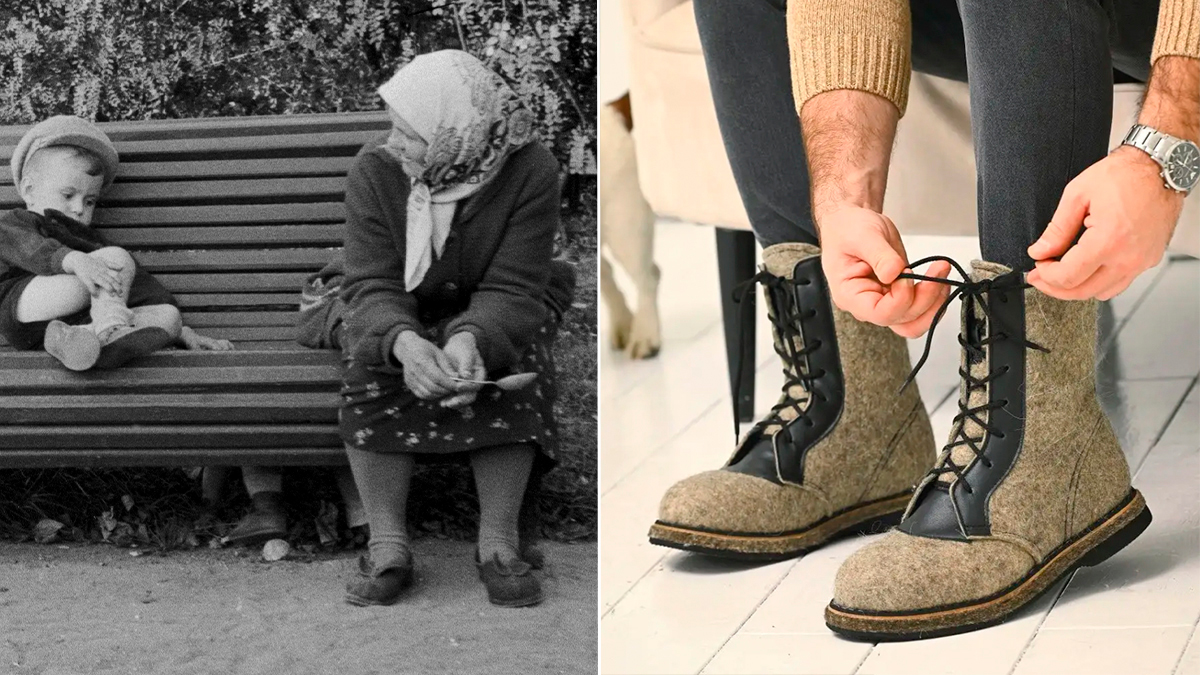 Войлочные ботинки тогда и сейчас. Фото © Getty Images / Corbis / Jerry Cooke, © Wildberries.ru / Лапин Александр Валерьевич