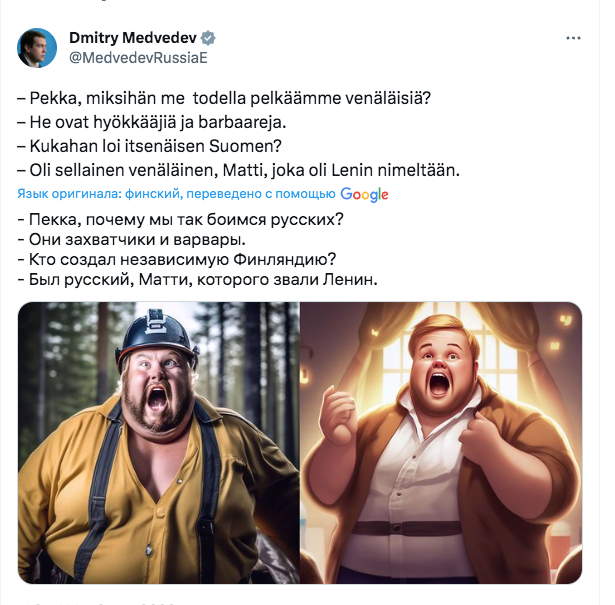 Новый анекдот Дмитрия Медведева про финнов Пекка и Матти. Скриншот © twitter.com