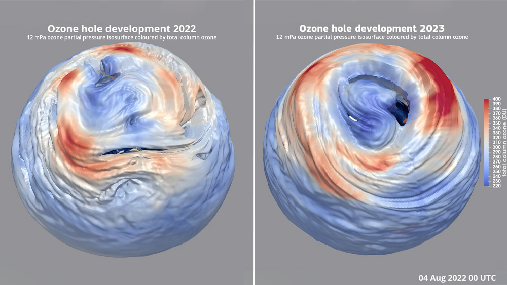 Скриншот анимации состояния озоновой дыры над Антарктидой за 4 августа 2022 года. Фото © atmosphere.copernicus.eu