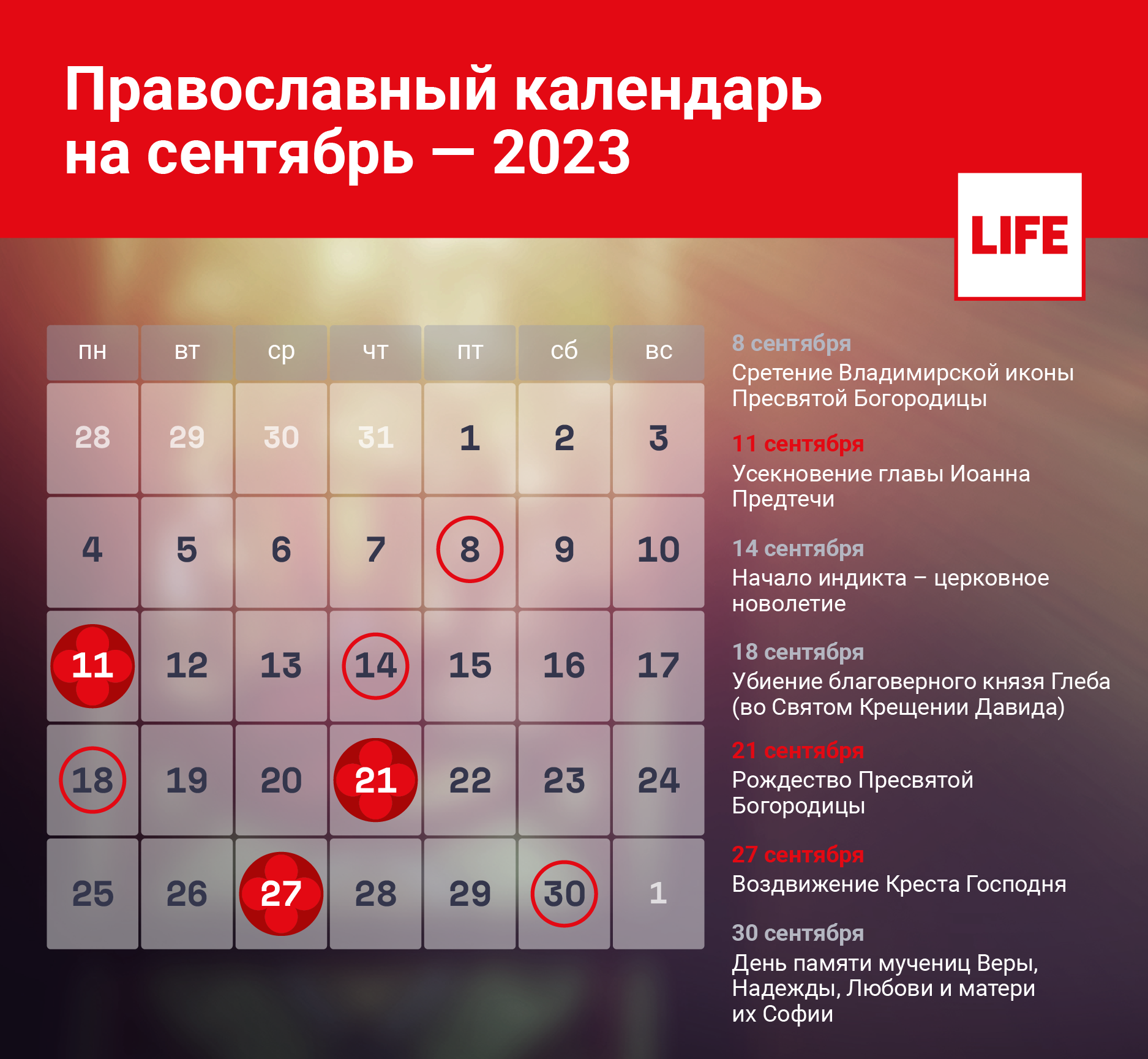 Календарь православных церковных праздников на сентябрь 2023 года. Инфографика © LIFE