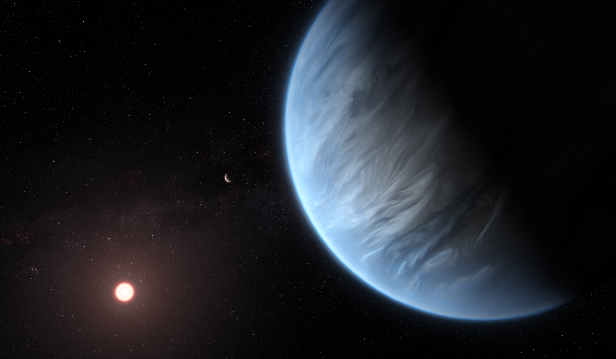Экзопланета K2-18 b в системе красного карлика в созвездии Льва (в представлении художника). Фото © Wikipedia / ESA / Hubble